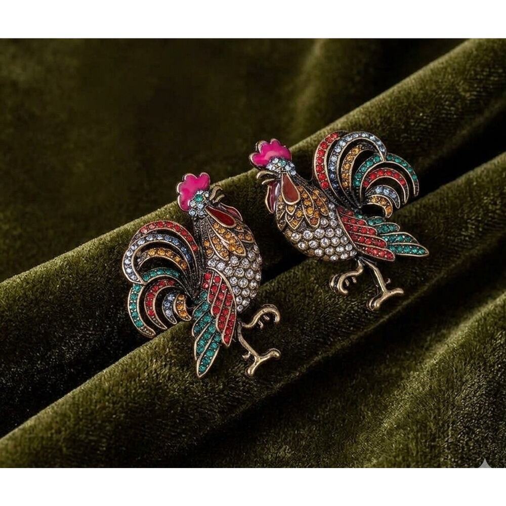 Rooster Bird Earrings VTG Museum Court Art Gold Antique Deco CZ Boho Stud Retro - Picture 2 of 9